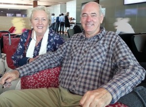 Jim & Liz Coubrough - last leg of Gap Year 21 Oct 14 Qantas Club Melbourne Airport